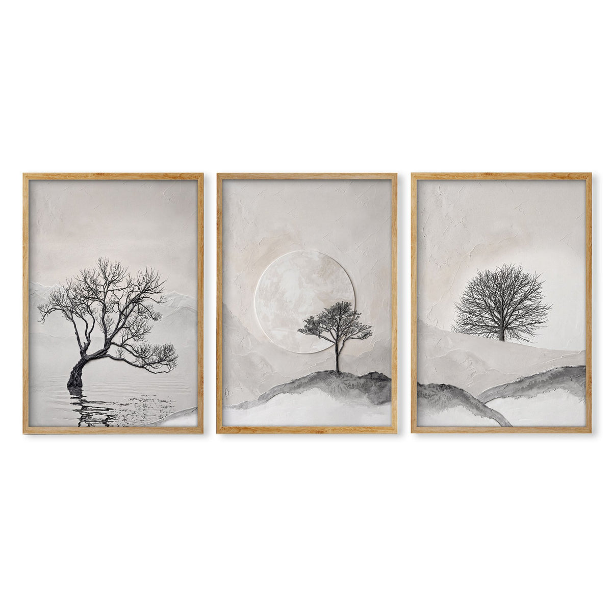 Pictures for the Bedroom Wall Scandinavian Landscape Trees Beige & Black in an oak frame