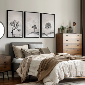 Pictures for the Bedroom Wall Scandinavian Landscape Trees Beige & Black | Set of 3