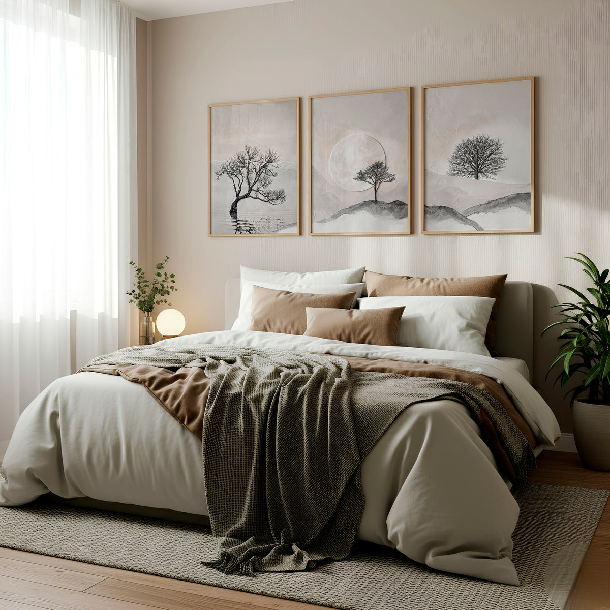 Pictures for the Bedroom Wall Scandinavian Landscape Trees Beige & Black | Set of 3