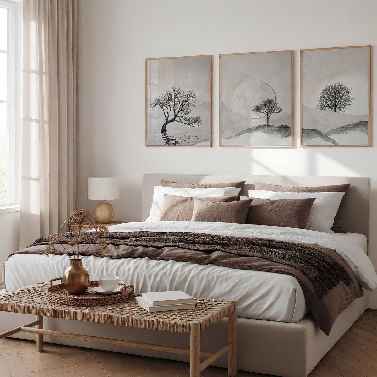 Pictures for the Bedroom Wall Scandinavian Landscape Trees Beige & Black | Set of 3