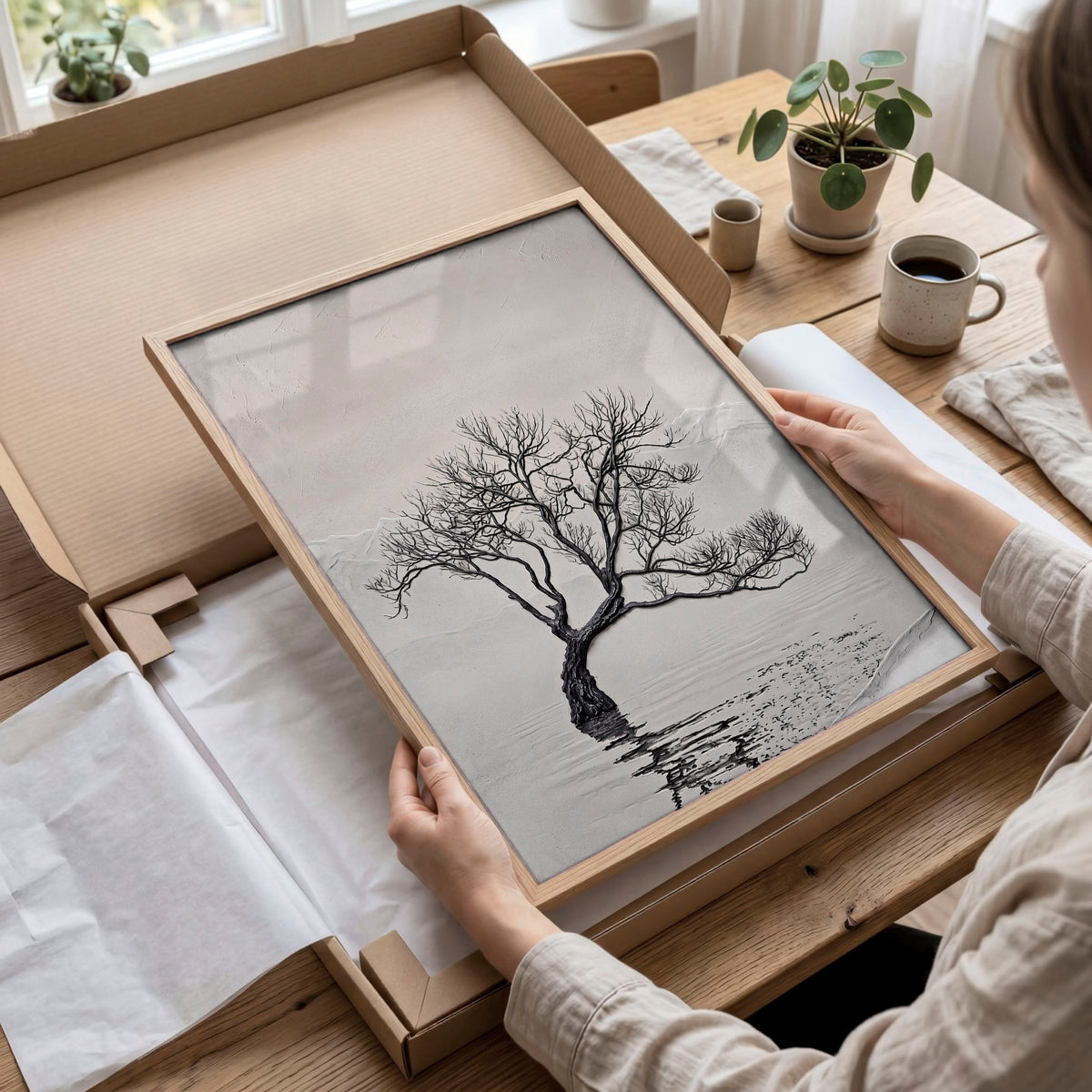 Pictures for the Bedroom Wall Scandinavian Landscape Trees Beige & Black | Set of 3