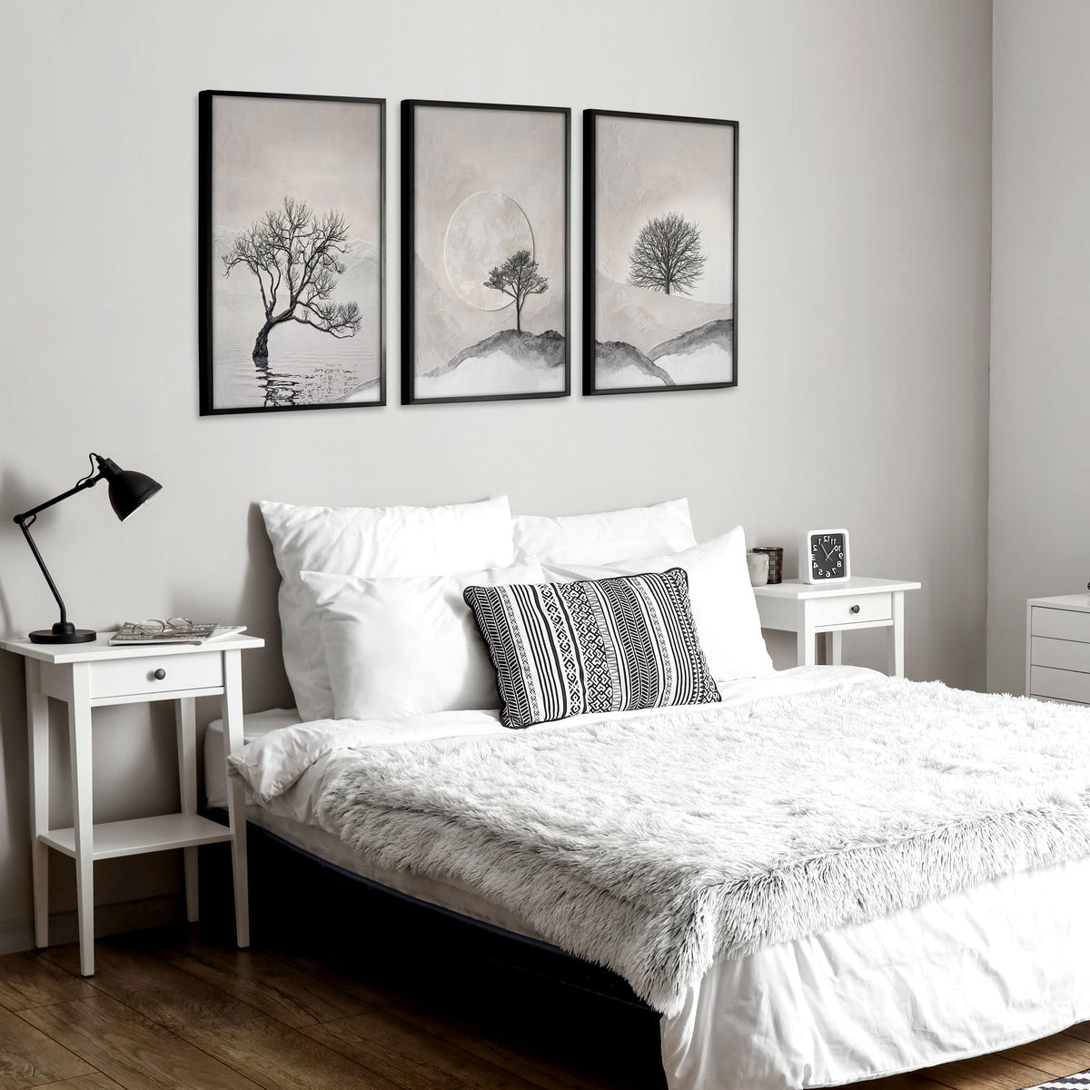 Pictures for the Bedroom Wall Scandinavian Landscape Trees Beige & Black | Set of 3