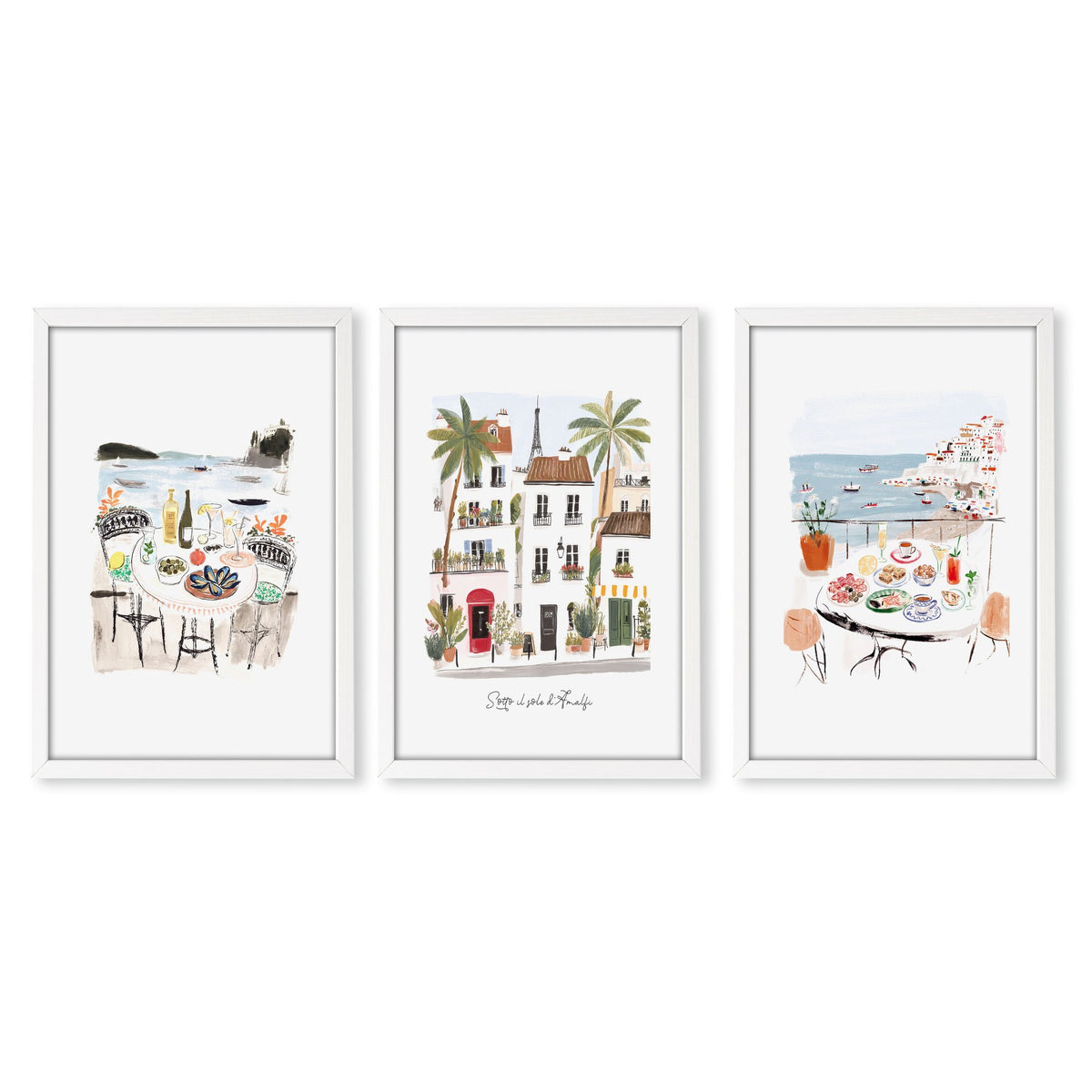 Pictures for the Bedroom Coastal Amalfi Mediterranean Watercolour wall art | "Sotto il sole d'Amalfi" in a white frame