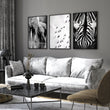 Pictures for the Living Room Wall Black & White Wildlife Safari Art wall art — Elephants, Birds & Zebra displayed on a wall in a styled room