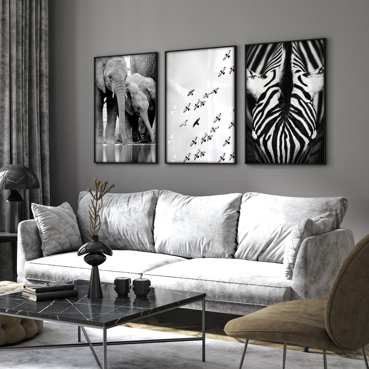 Pictures for the Living Room Wall Black & White Wildlife Safari Art wall art — Elephants, Birds & Zebra displayed on a wall in a styled room