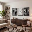Pictures for the Living Room Wall Black & White Wildlife Safari Art wall art — Elephants, Birds & Zebra displayed on a wall in a styled room — view 3