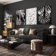 Pictures for the Living Room Wall Black & White Wildlife Safari Art wall art — Elephants, Birds & Zebra displayed on a wall in a styled room — view 4