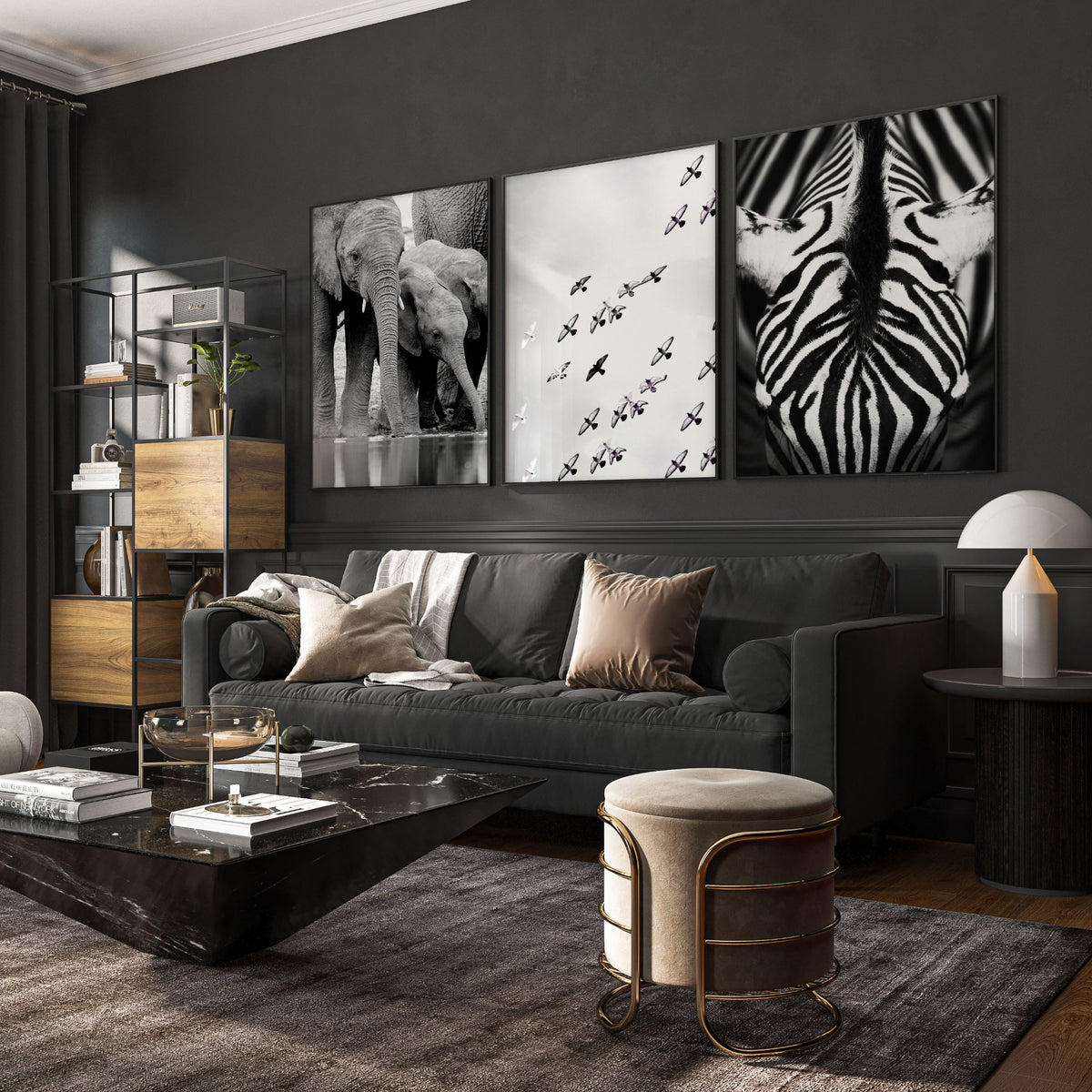 Pictures for the Living Room Wall Black & White Wildlife Safari Art wall art — Elephants, Birds & Zebra displayed on a wall in a styled room — view 4