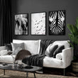 Pictures for the Living Room Wall Black & White Wildlife Safari Art wall art — Elephants, Birds & Zebra displayed on a wall in a styled room — view 6