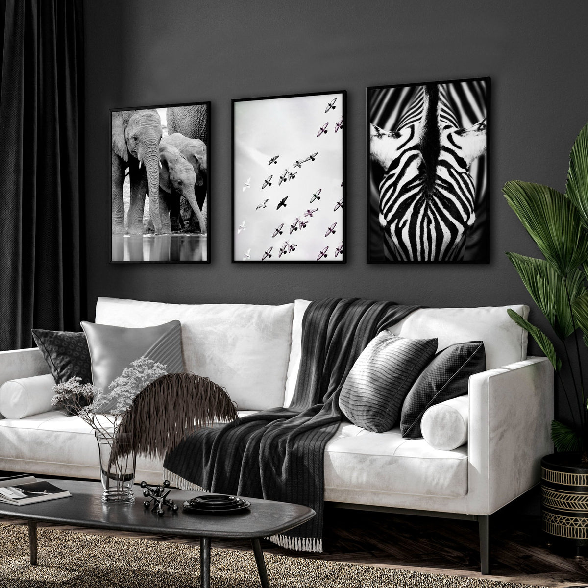 Pictures for the Living Room Wall Black & White Wildlife Safari Art wall art — Elephants, Birds & Zebra displayed on a wall in a styled room — view 6