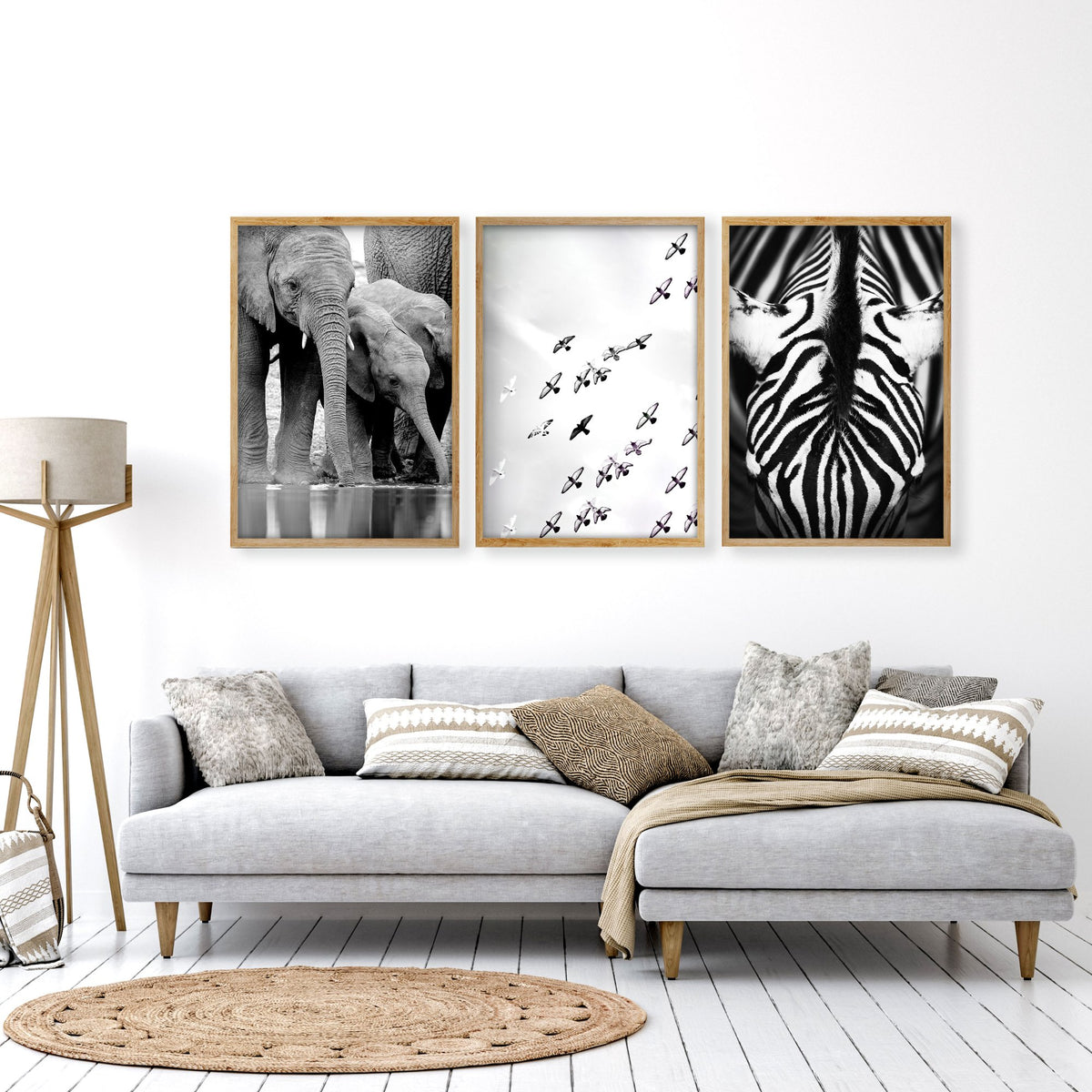 Pictures for the Living Room Wall Black & White Wildlife Safari Art wall art — Elephants, Birds & Zebra displayed on a wall in a styled room — view 7