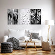 Pictures for the Living Room Wall Black & White Wildlife Safari Art wall art — Elephants, Birds & Zebra displayed on a wall in a styled room — view 8