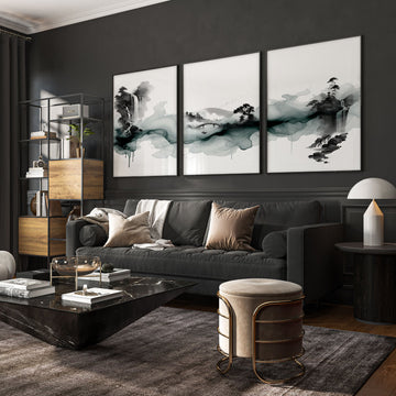 Pictures for Walls in Living Room Japandi Ink Wash Landscape wall art displayed on a wall in a styled room