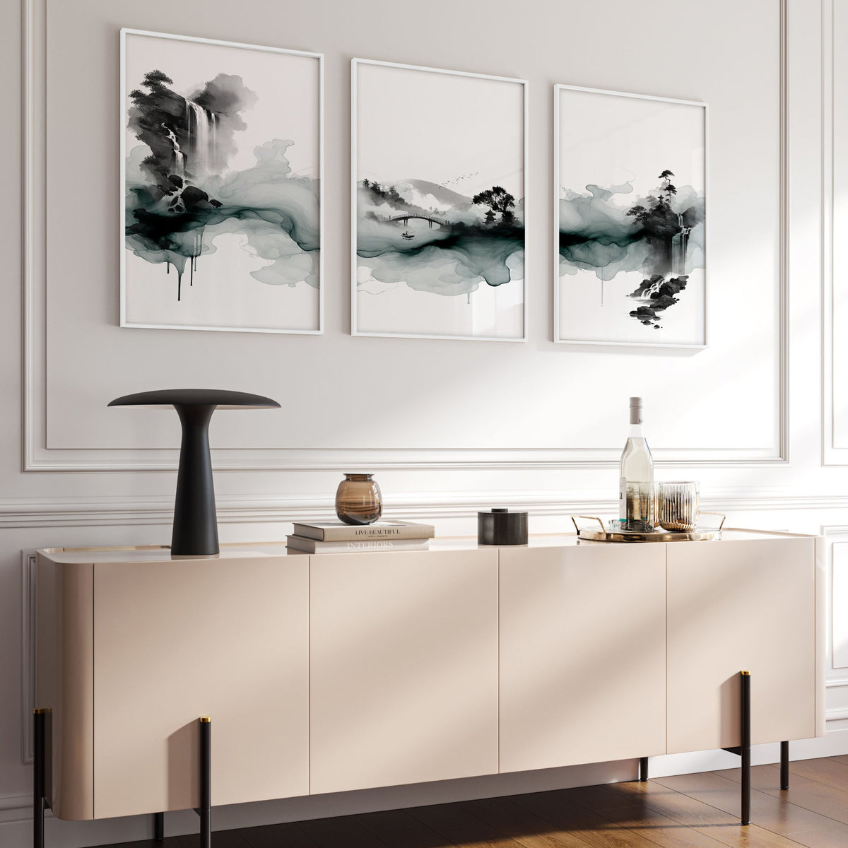 Pictures for Walls in Living Room Japandi Ink Wash Landscape wall art displayed on a wall in a styled room — view 10