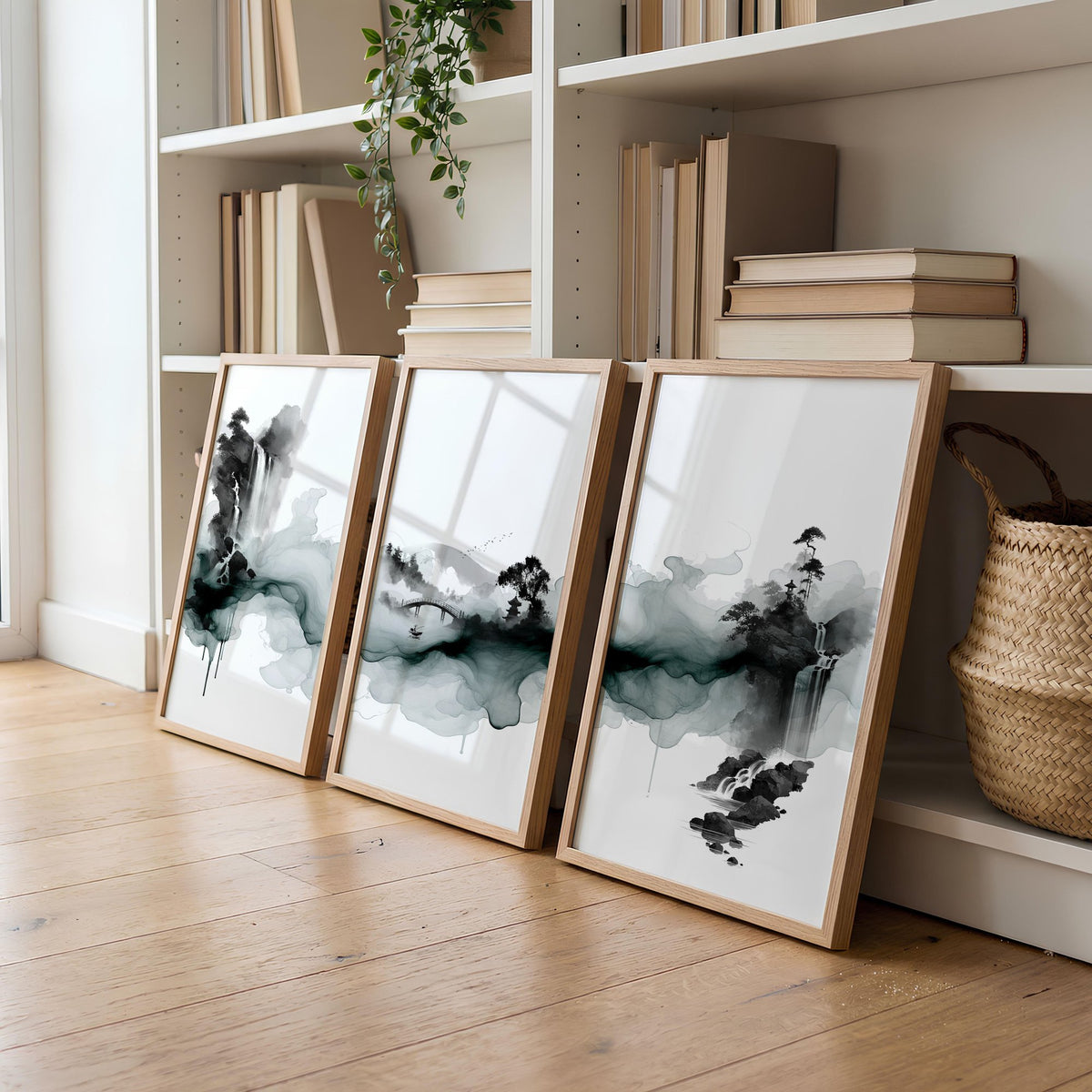 Pictures for Walls in Living Room Japandi Ink Wash Landscape wall art displayed on a wall in a styled room — view 12