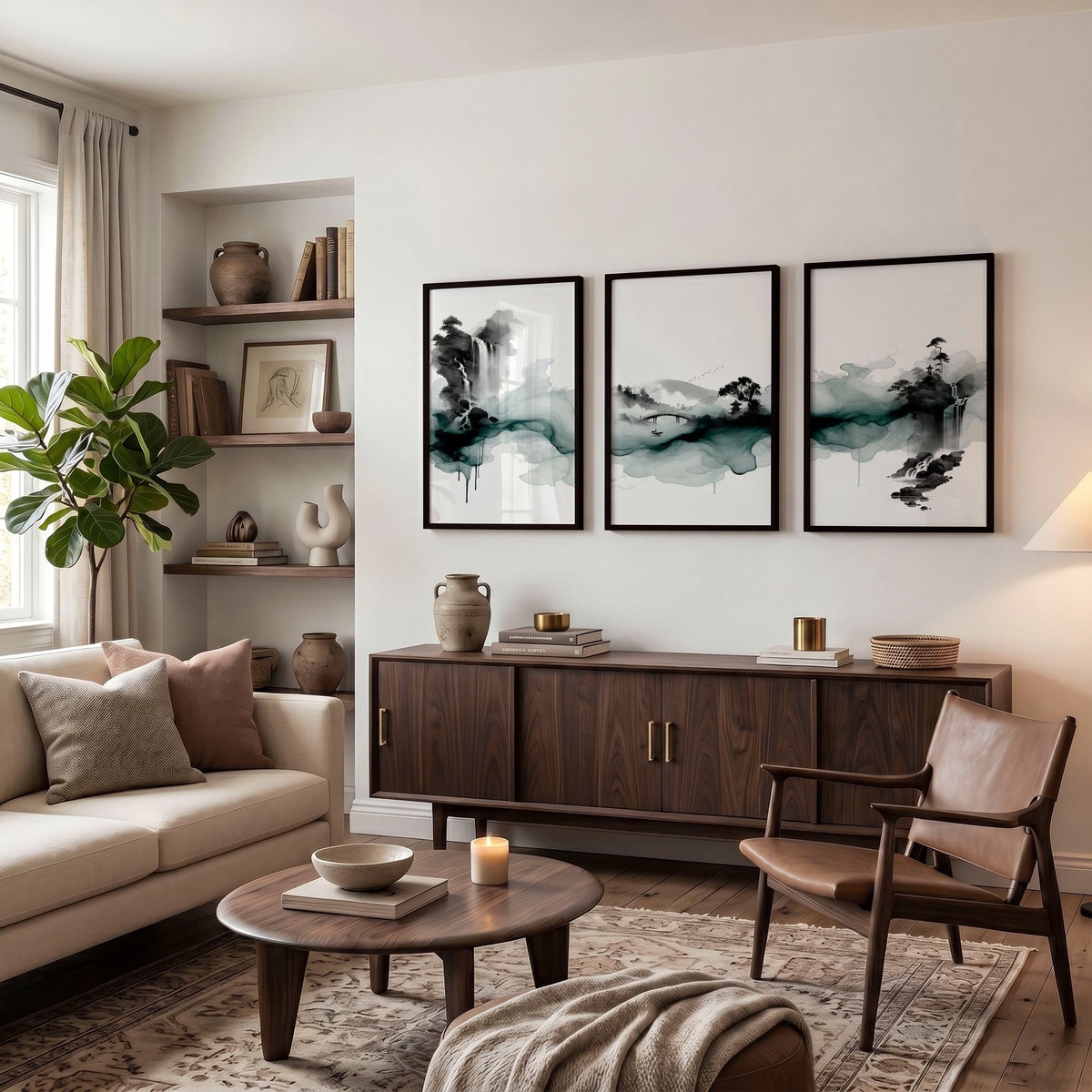 Pictures for Walls in Living Room Japandi Ink Wash Landscape wall art displayed on a wall in a styled room — view 13