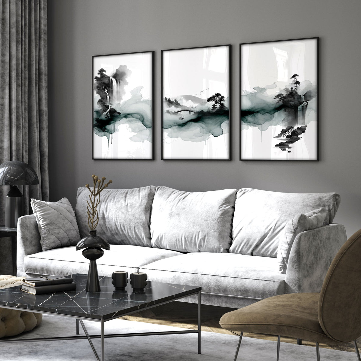 Pictures for Walls in Living Room Japandi Ink Wash Landscape wall art displayed on a wall in a styled room — view 14