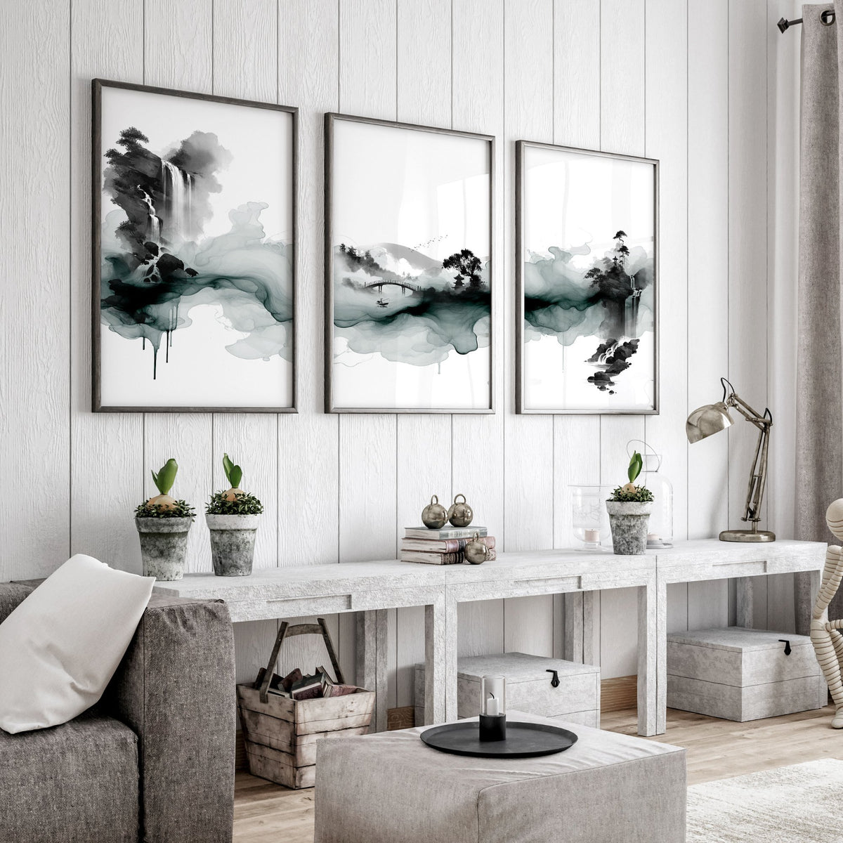 Pictures for Walls in Living Room Japandi Ink Wash Landscape wall art displayed on a wall in a styled room — view 15