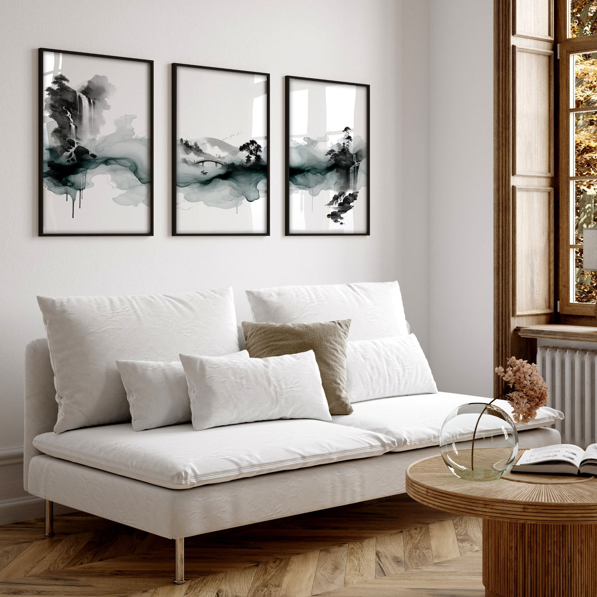Pictures for Walls in Living Room Japandi Ink Wash Landscape wall art displayed on a wall in a styled room — view 16