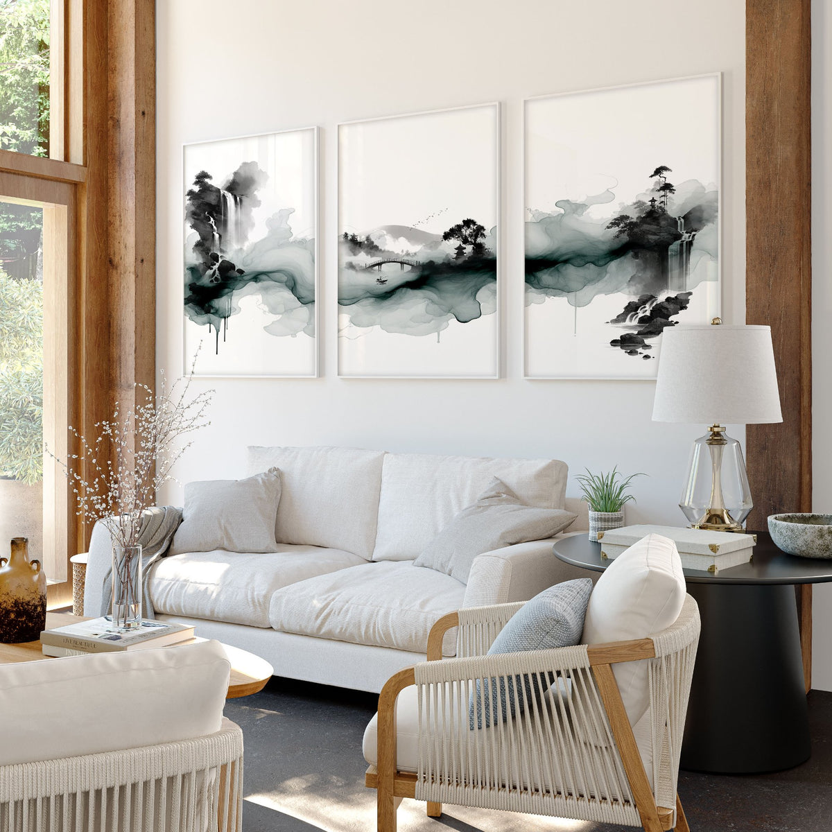 Pictures for Walls in Living Room Japandi Ink Wash Landscape wall art displayed on a wall in a styled room — view 2