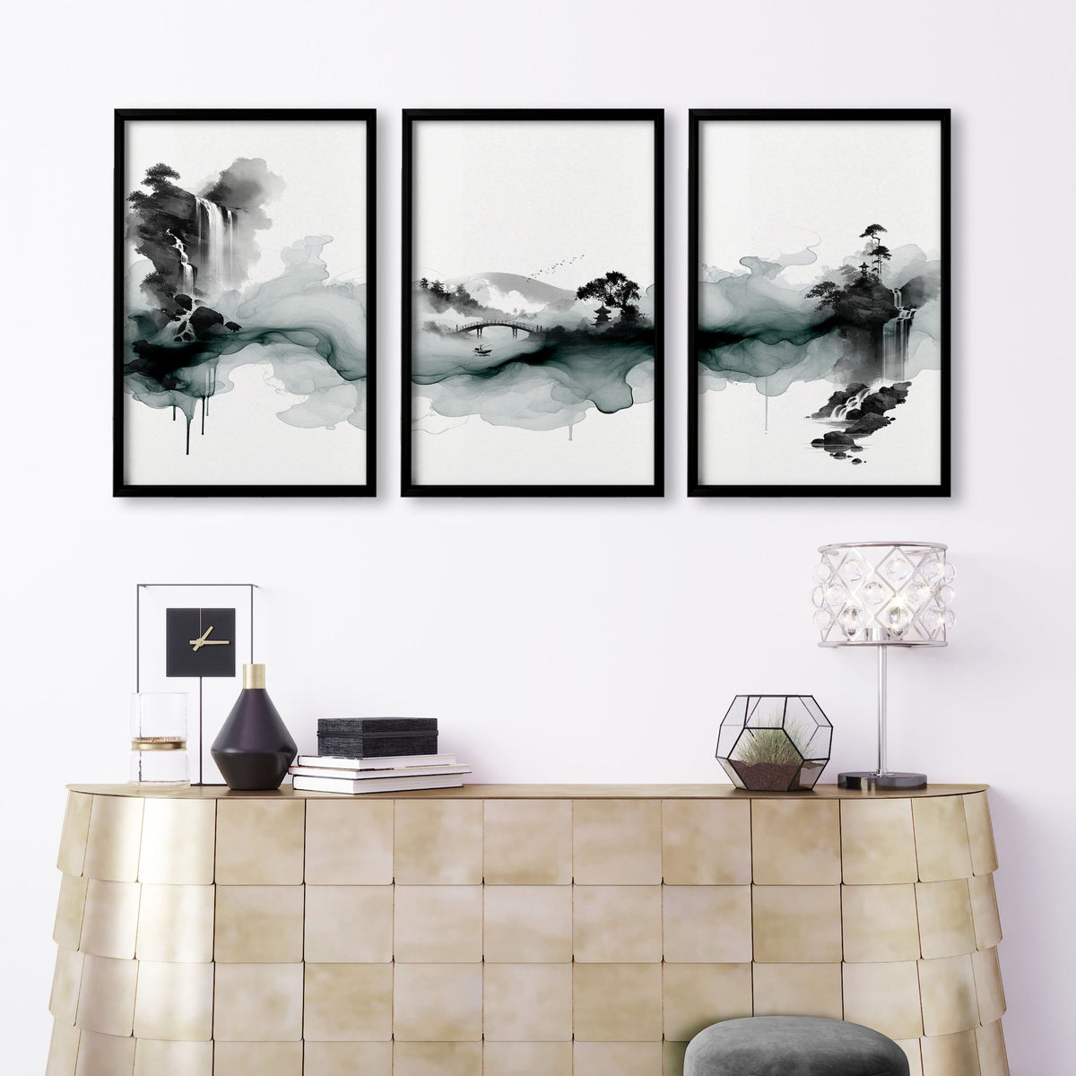 Pictures for Walls in Living Room Japandi Ink Wash Landscape wall art displayed on a wall in a styled room — view 3