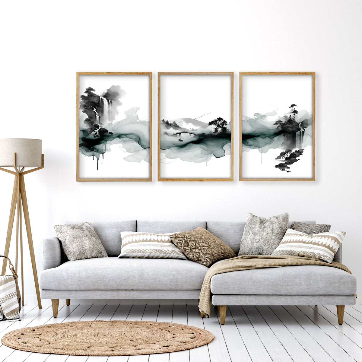 Pictures for Walls in Living Room Japandi Ink Wash Landscape wall art displayed on a wall in a styled room — view 5