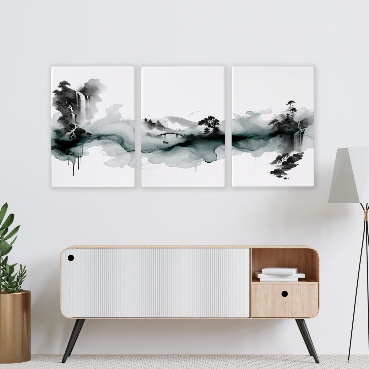 Pictures for Walls in Living Room Japandi Ink Wash Landscape wall art displayed on a wall in a styled room — view 6