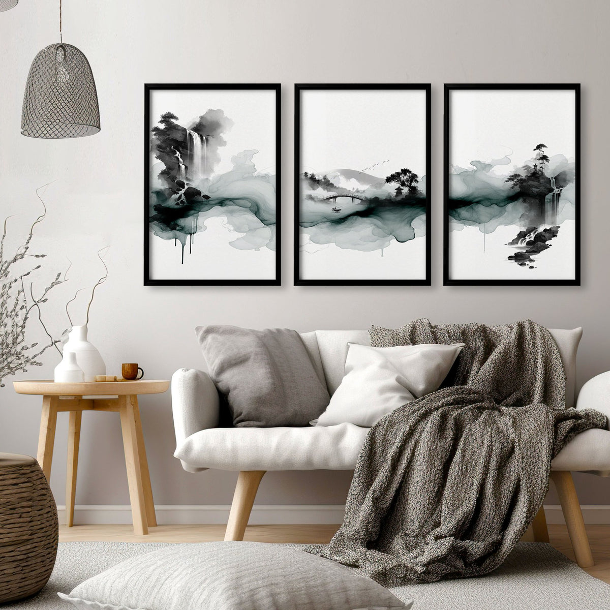 Pictures for Walls in Living Room Japandi Ink Wash Landscape wall art displayed on a wall in a styled room — view 7