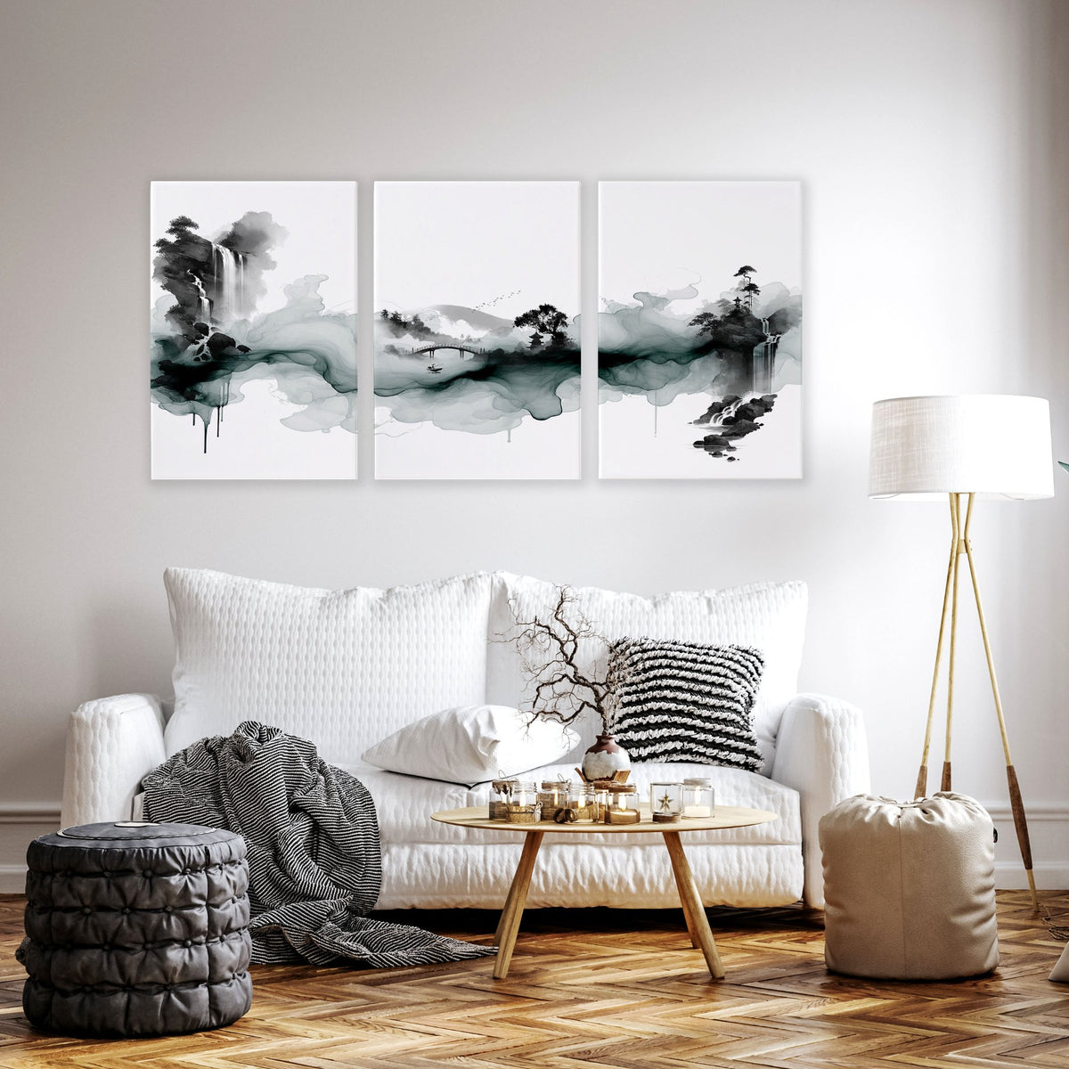 Pictures for Walls in Living Room Japandi Ink Wash Landscape wall art displayed on a wall in a styled room — view 8