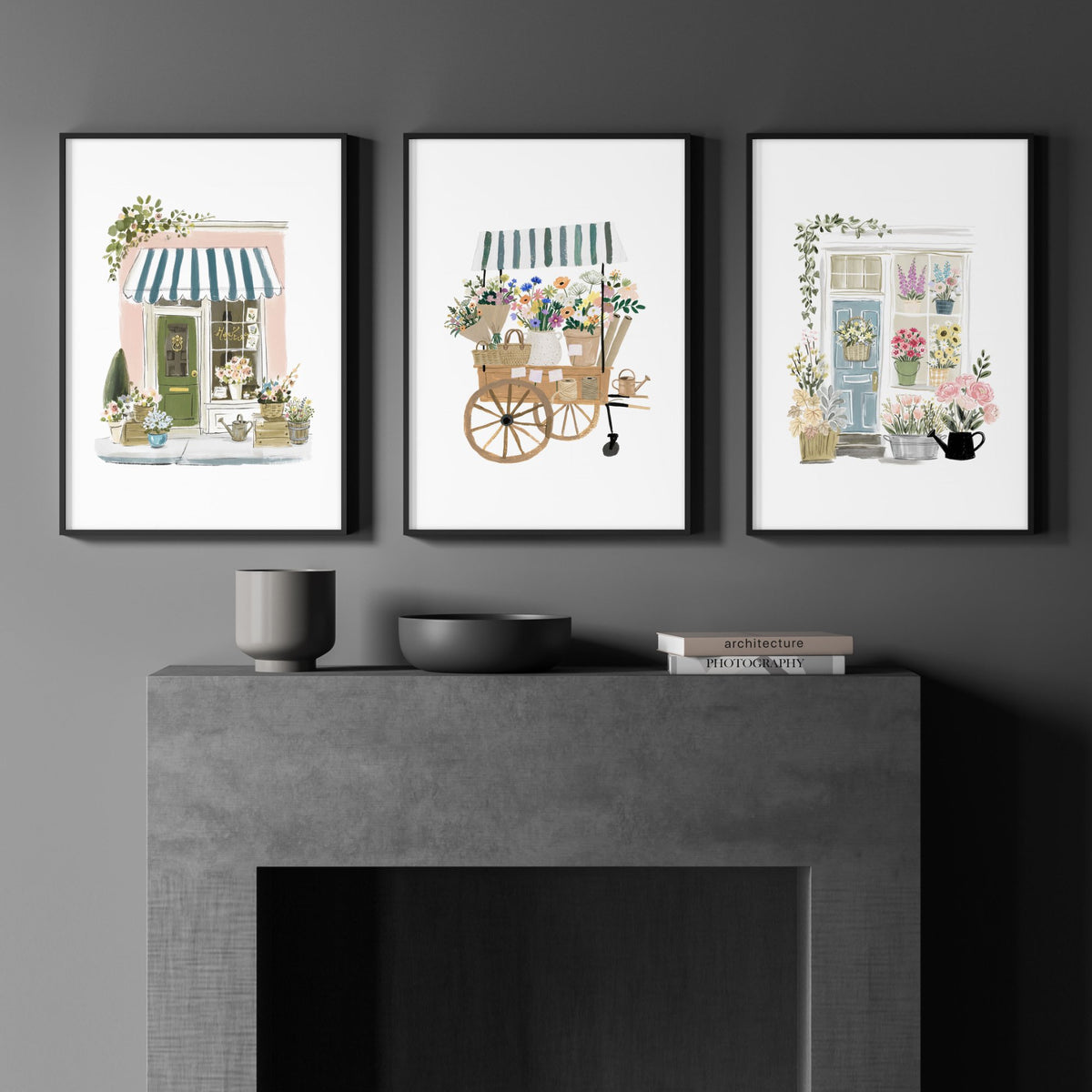 Pink Art Botanical Flower Shop & Market Cart wall art displayed on a wall in a styled room — view 3