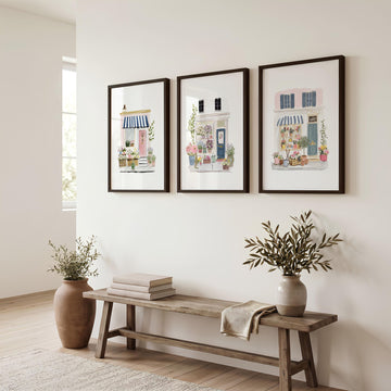 Pink Painting Watercolour Flower Shop Cottage Storefronts wall art displayed on a wall in a styled room