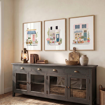 Pink Painting Watercolour Flower Shop Cottage Storefronts wall art displayed on a wall in a styled room — view 5