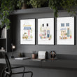 Pink Pictures Watercolour Flower Shop Cottage Fronts wall art displayed on a wall in a styled room