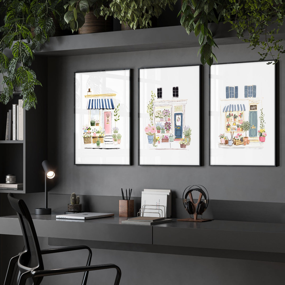 Pink Pictures Watercolour Flower Shop Cottage Fronts wall art displayed on a wall in a styled room