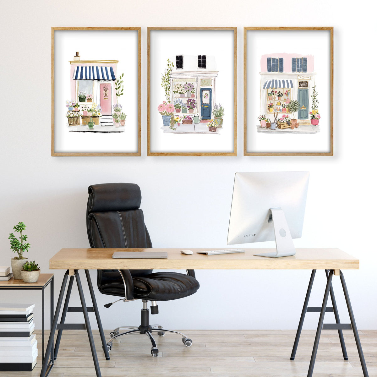 Pink Pictures Watercolour Flower Shop Cottage Fronts wall art displayed on a wall in a styled room — view 2