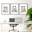 Pink Pictures Watercolour Flower Shop Cottage Fronts wall art displayed on a wall in a styled room — view 3