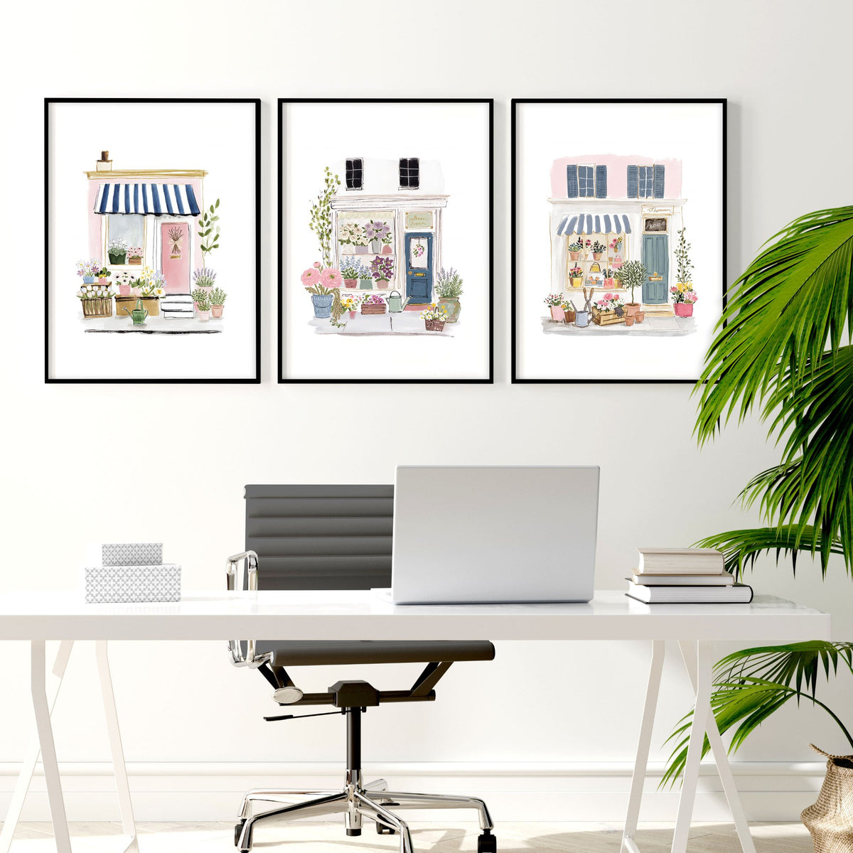 Pink Pictures Watercolour Flower Shop Cottage Fronts wall art displayed on a wall in a styled room — view 3