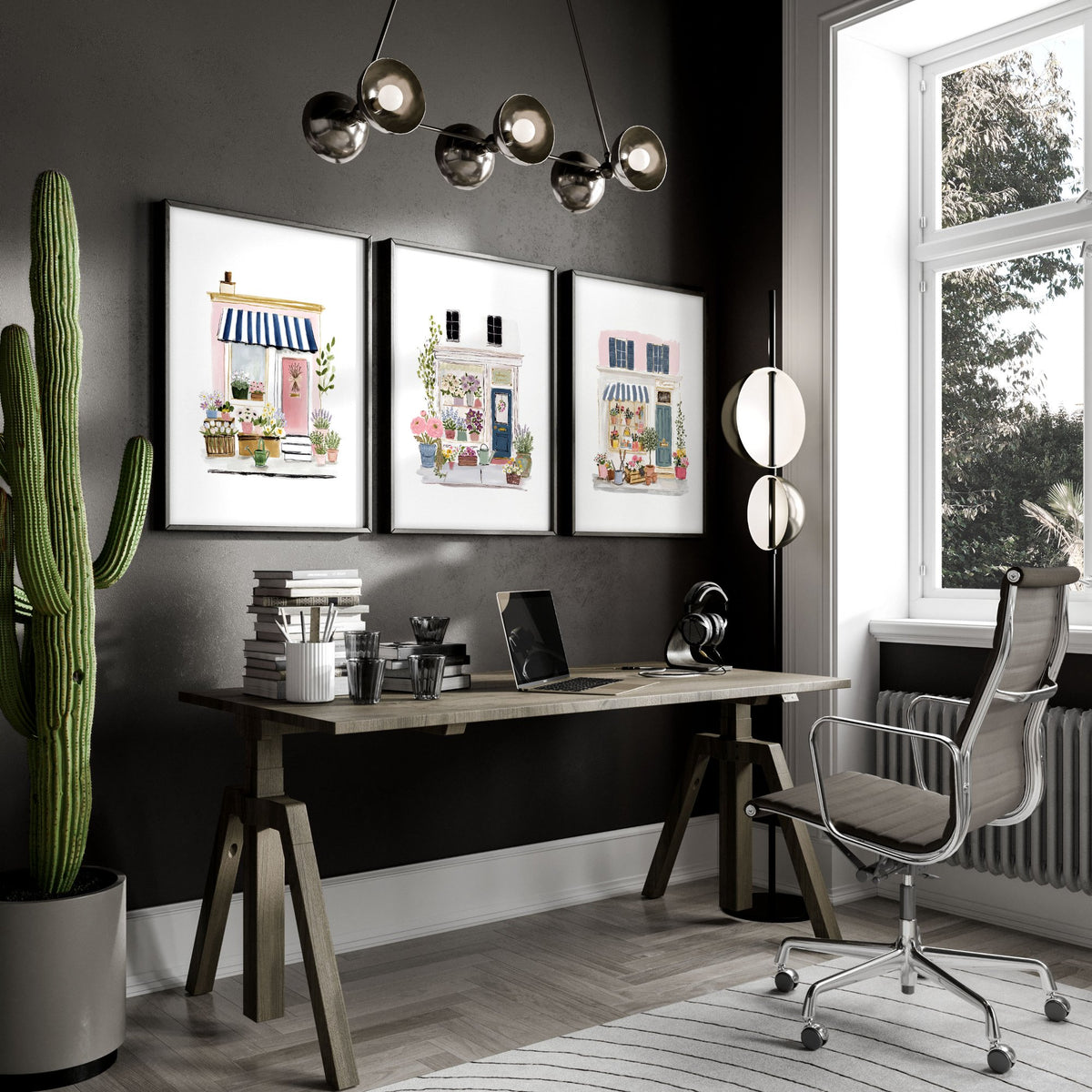 Pink Pictures Watercolour Flower Shop Cottage Fronts wall art displayed on a wall in a styled room — view 5