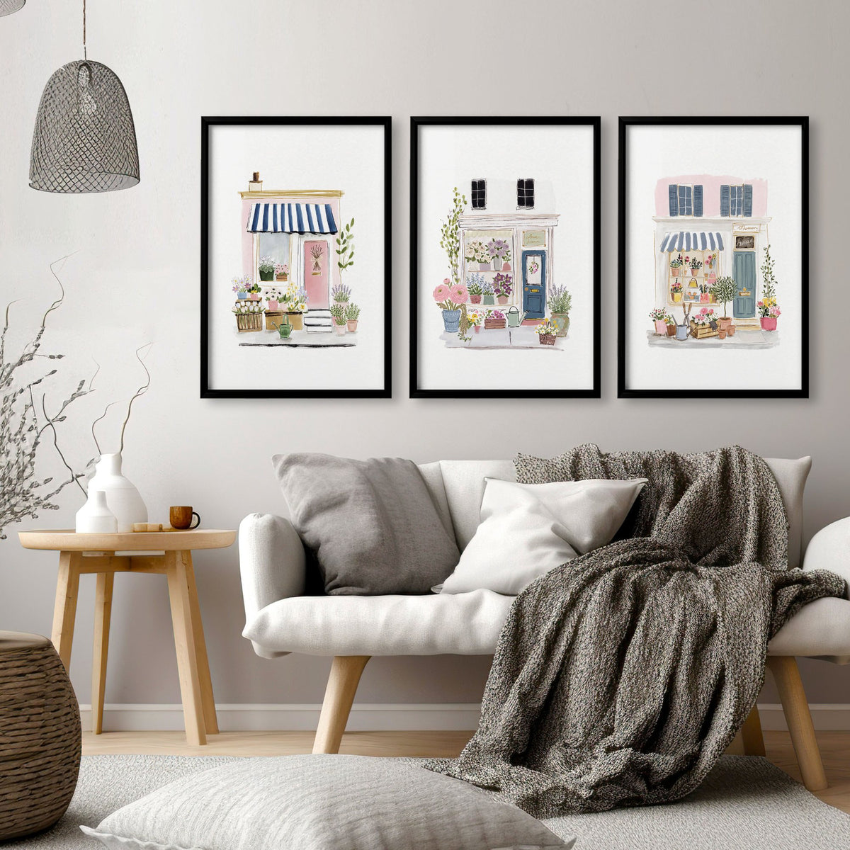 Pink Wall Art Country Cottage Flower Shop Watercolour Art wall art displayed on a wall in a styled room — view 10