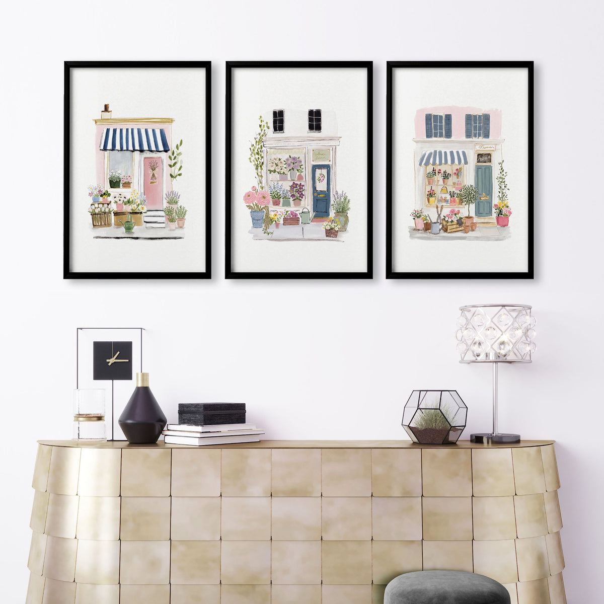 Pink Wall Art Country Cottage Flower Shop Watercolour Art wall art displayed on a wall in a styled room — view 6