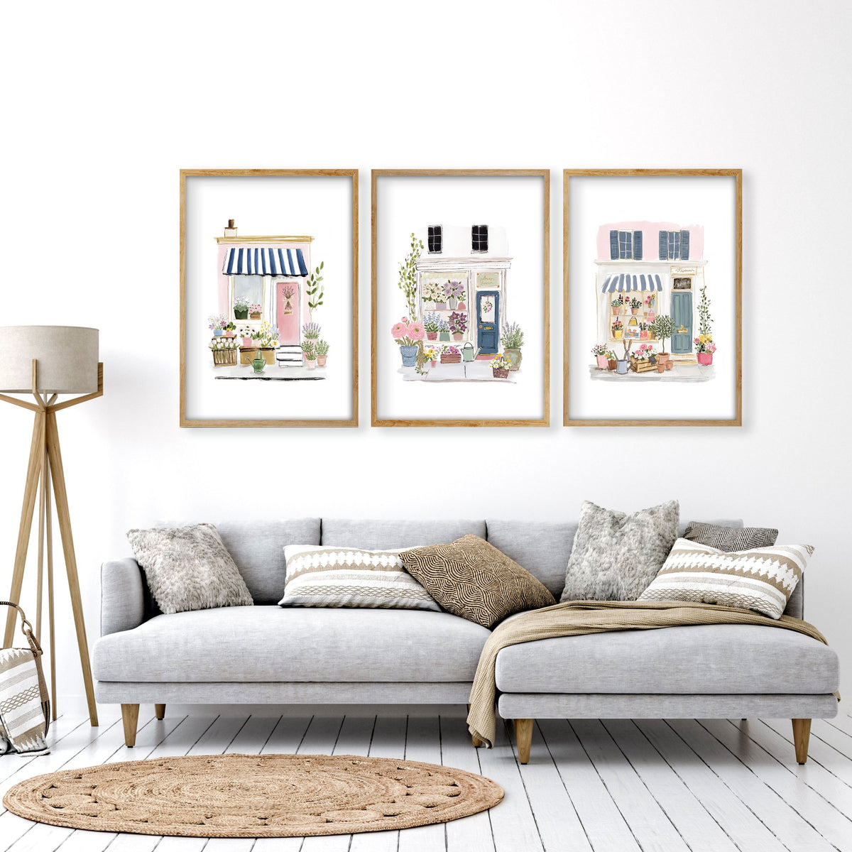 Pink Wall Art Country Cottage Flower Shop Watercolour Art wall art displayed on a wall in a styled room — view 8