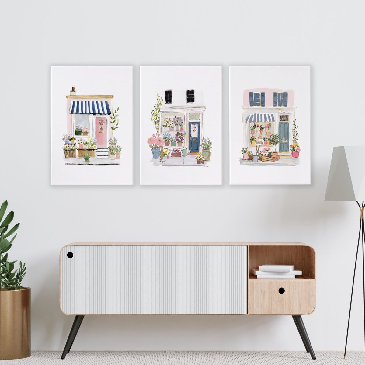 Pink Wall Art Country Cottage Flower Shop Watercolour Art wall art displayed on a wall in a styled room — view 9