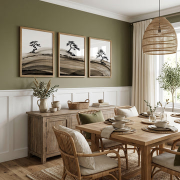 Popular Wall Art Japandi Ink Bonsai Trees on Rolling Hills displayed on a wall in a styled room