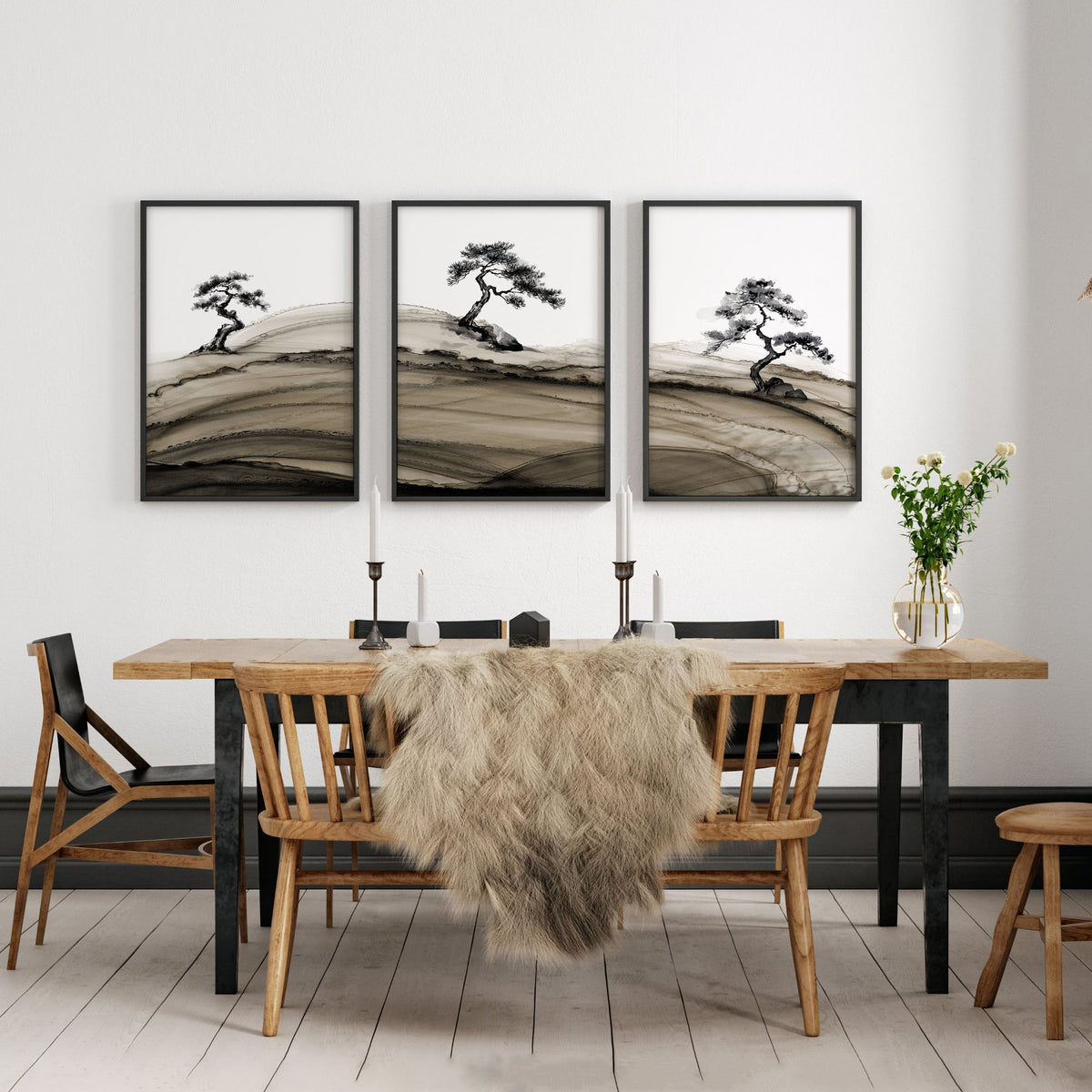 Popular Wall Art Japandi Ink Bonsai Trees on Rolling Hills displayed on a wall in a styled room — view 2