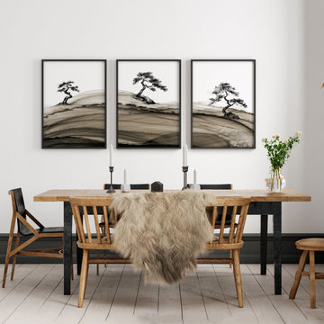 Popular Wall Art Japandi Ink Bonsai Trees on Rolling Hills displayed on a wall in a styled room — view 2
