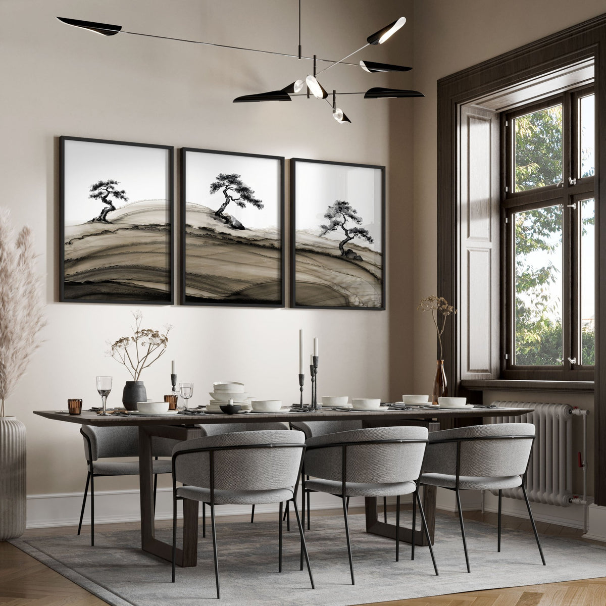 Popular Wall Art Japandi Ink Bonsai Trees on Rolling Hills displayed on a wall in a styled room — view 3