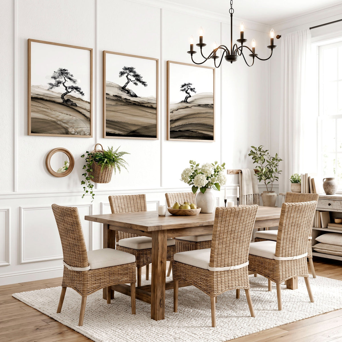Popular Wall Art Japandi Ink Bonsai Trees on Rolling Hills displayed on a wall in a styled room — view 4