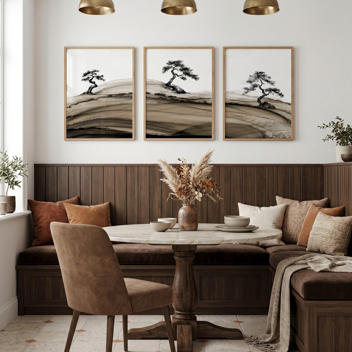 Popular Wall Art Japandi Ink Bonsai Trees on Rolling Hills displayed on a wall in a styled room — view 5