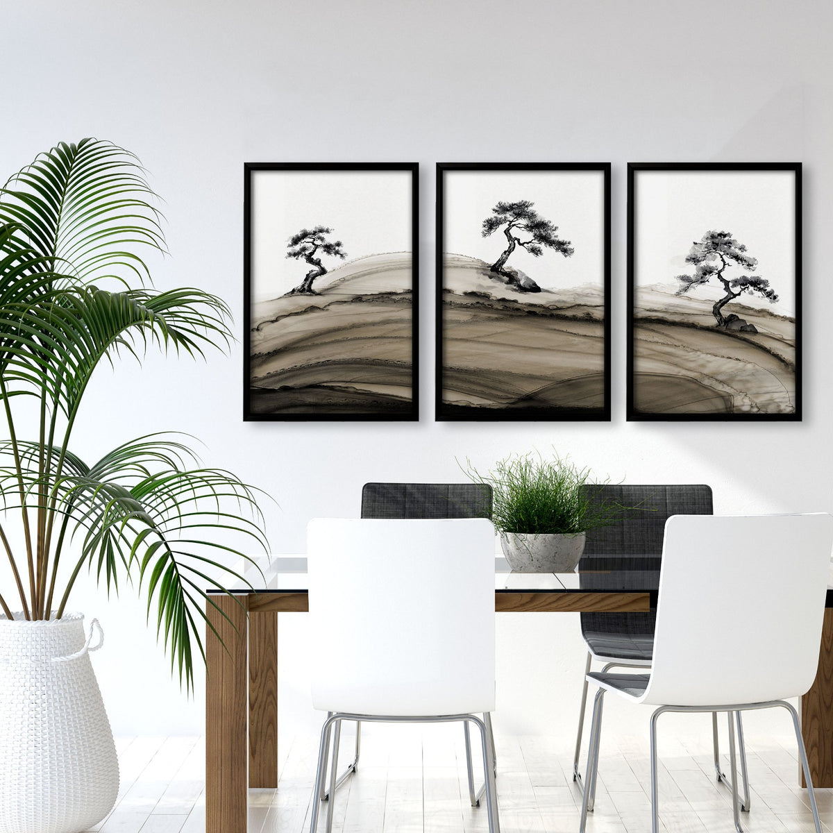 Popular Wall Art Japandi Ink Bonsai Trees on Rolling Hills displayed on a wall in a styled room — view 6