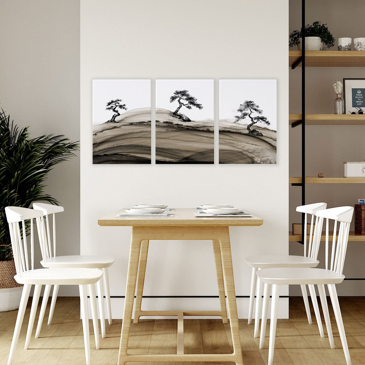 Popular Wall Art Japandi Ink Bonsai Trees on Rolling Hills displayed on a wall in a styled room — view 7